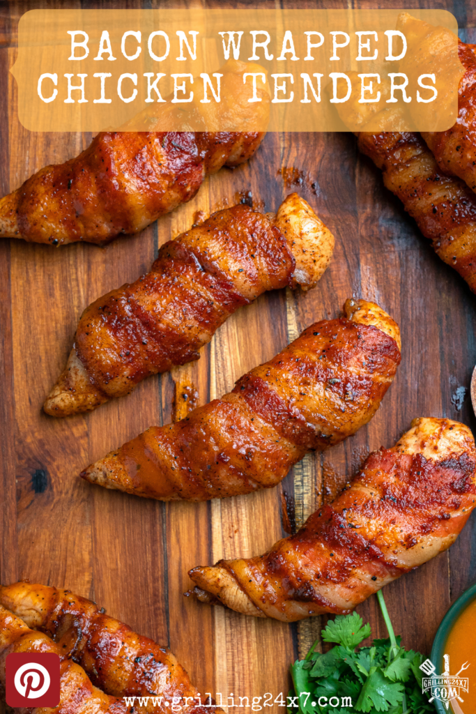 overhear shot of smoked bacon wrapped chicken tenders