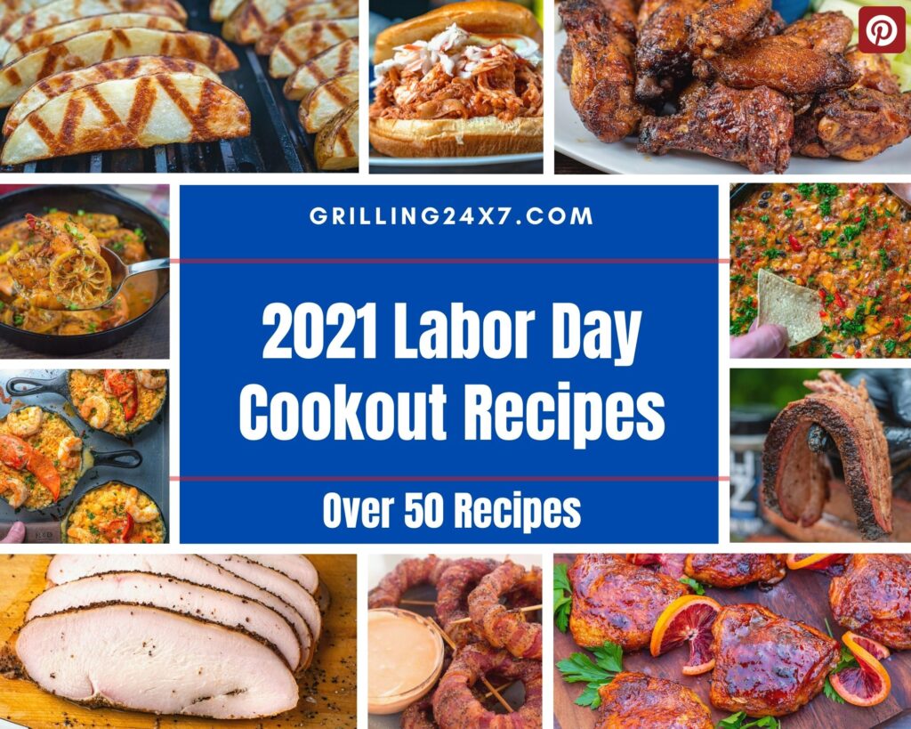 collection of my favorite Labor Day cookout recipes in a photo collage with brisket, dips, grilled fries and chicken