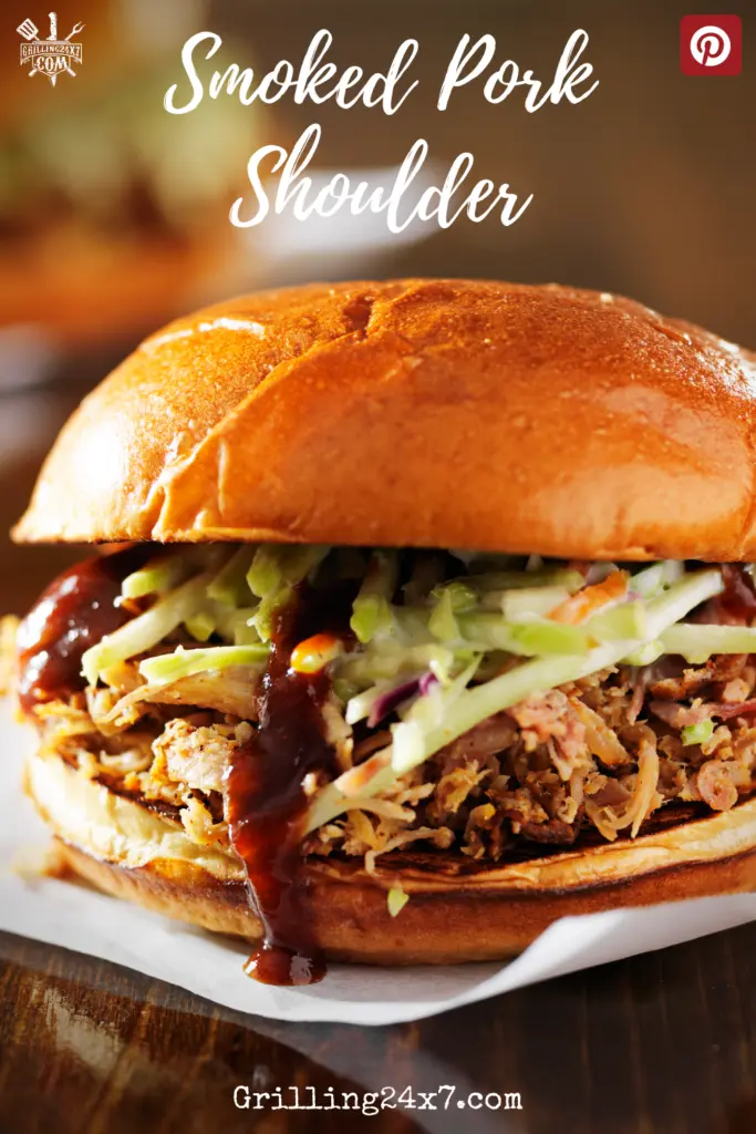 smoked pork shoulder sandwich with coleslaw and bbq sauce