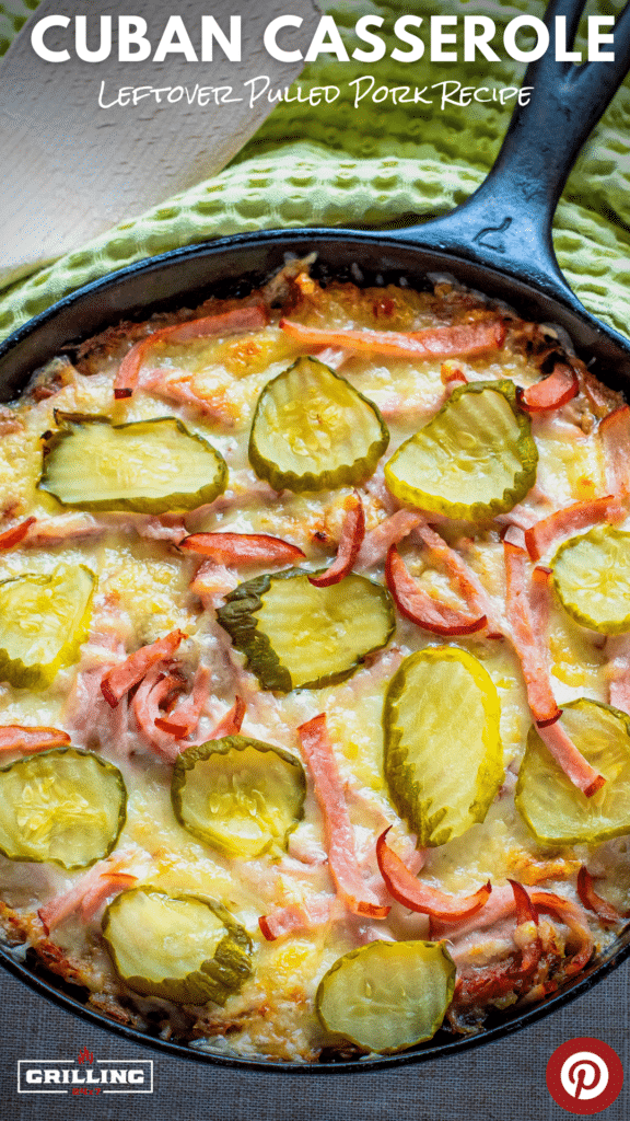 low carb cuban casserole toped with chopped ham sliced pickles and Swiss cheese