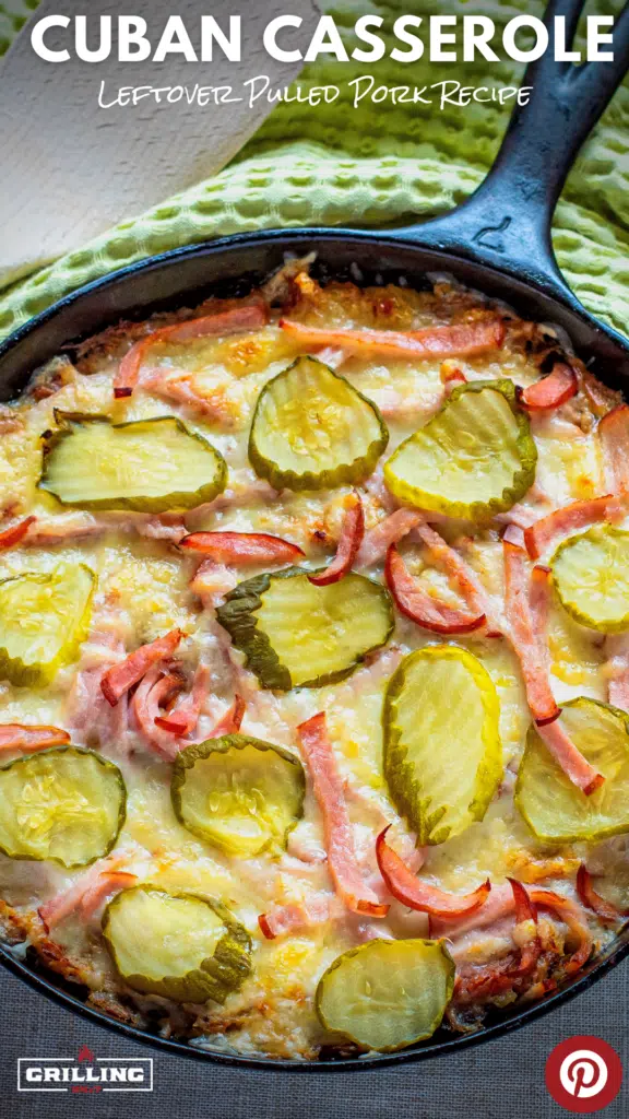 low carb cuban casserole toped with chopped ham sliced pickles and Swiss cheese