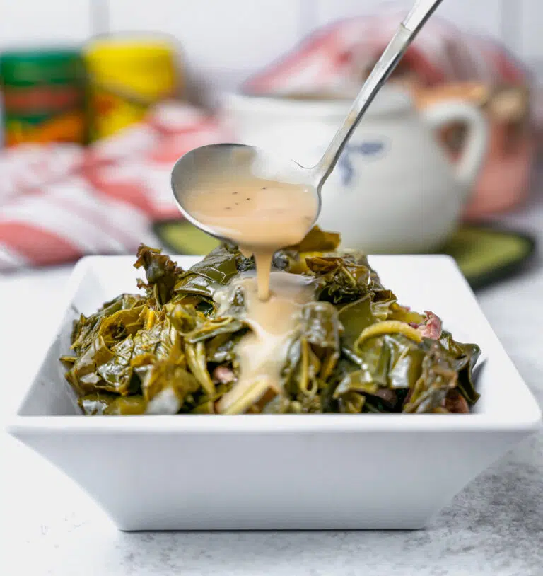 Collard greens with potlikker gravy and smoked turkey legs