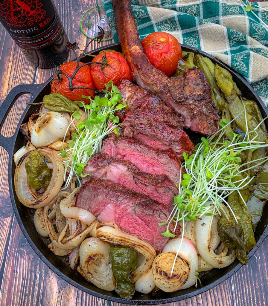 reverse seared tomahawk steak with grilled veggies