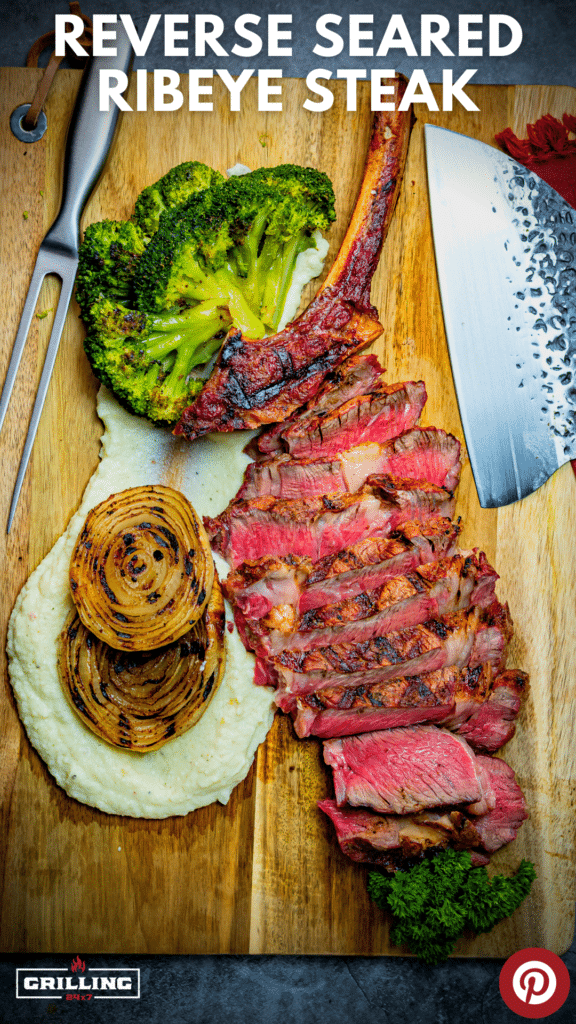 reverse seared ribeye steak with broccoli and grilled onions