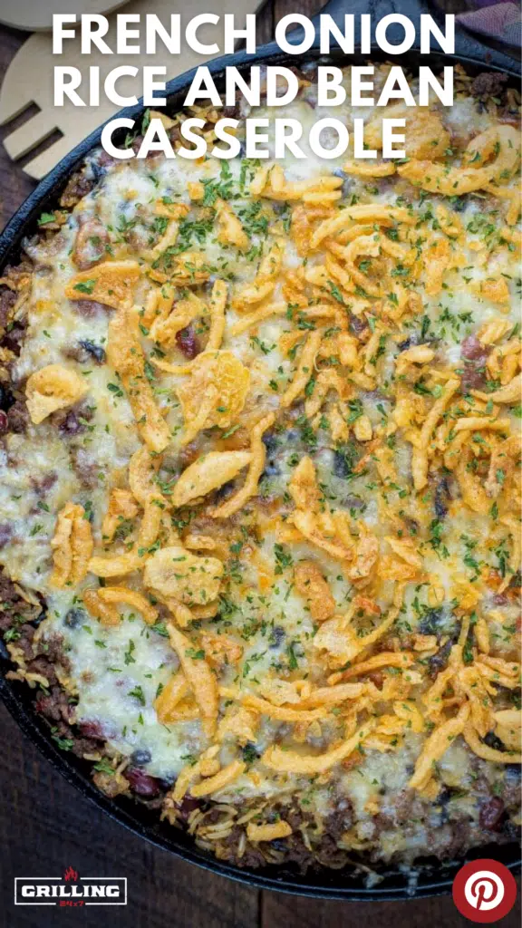 French onion rice and beans casserole topped with cheese and crispy fried onions