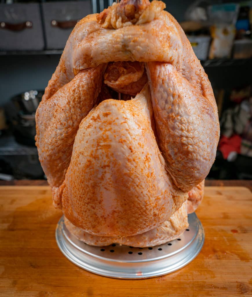 raw seasoned turkey on a stand for deep frying