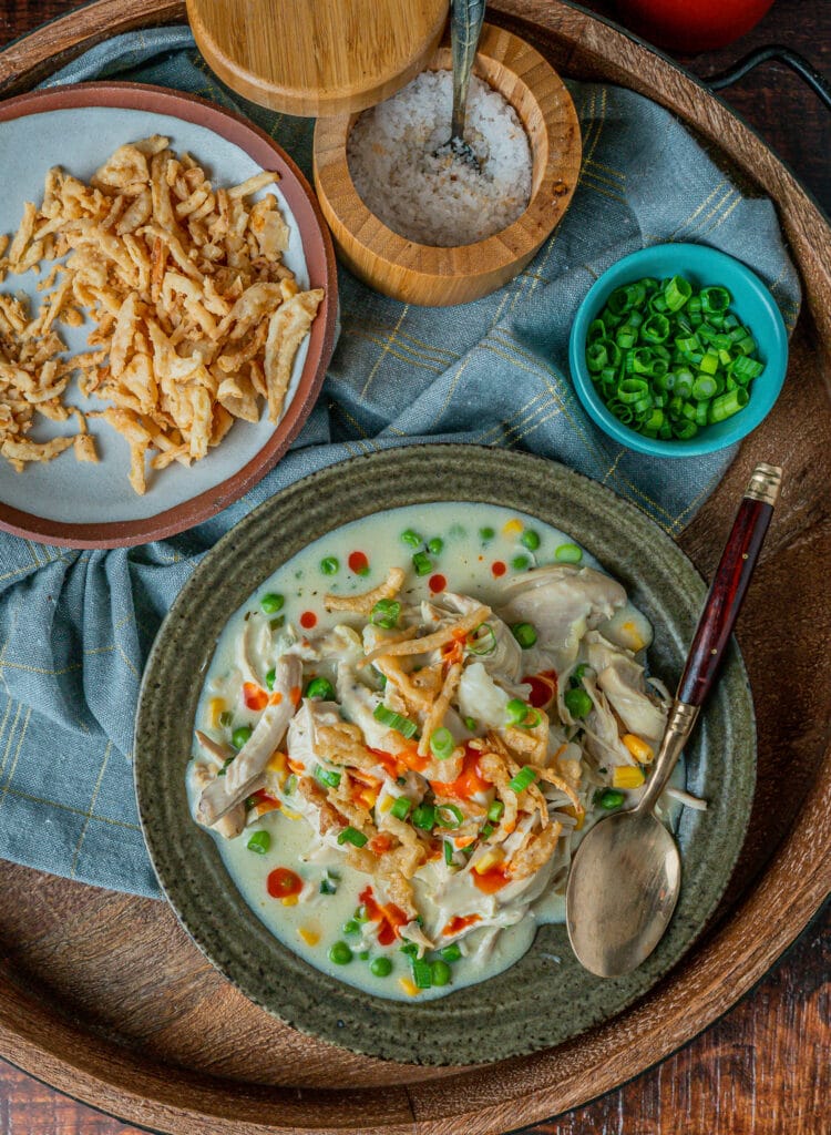chicken and dumplings with crispy fried onions