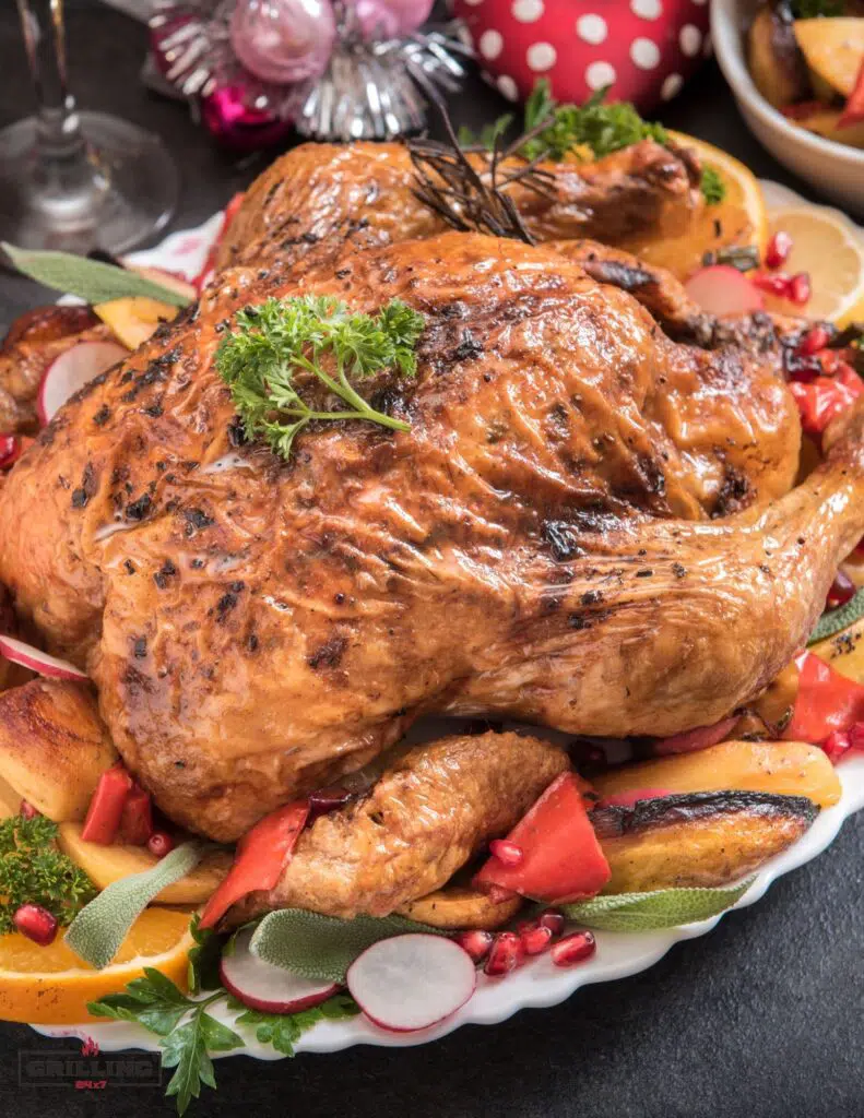 whole roasted turkey with veggies and herbs 