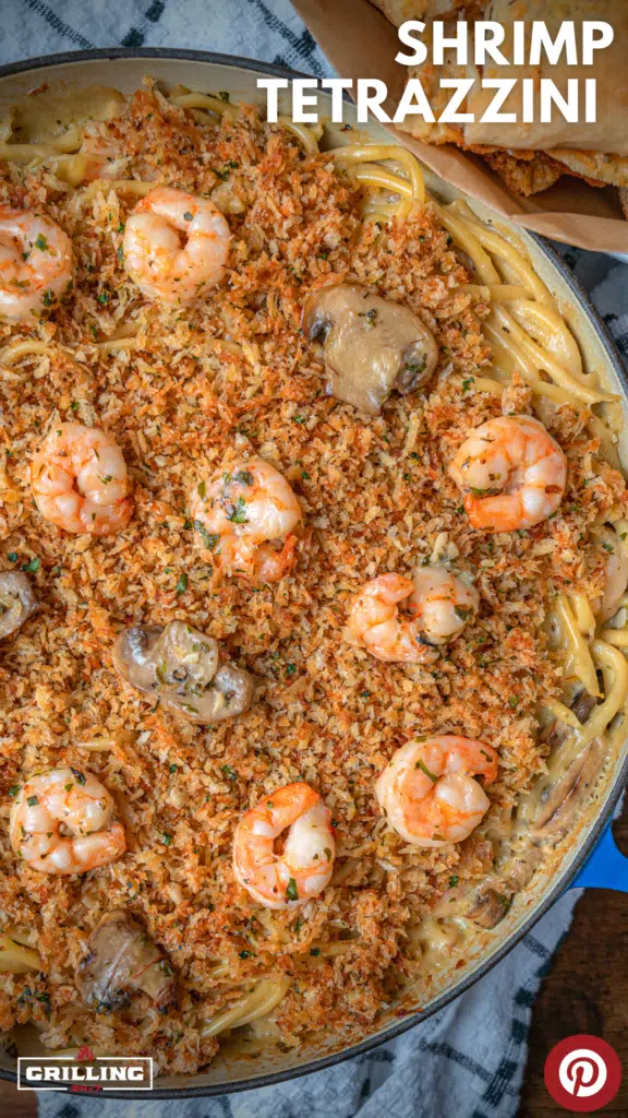 shrimp tetrazzini with bucatini pasta and mushrooms