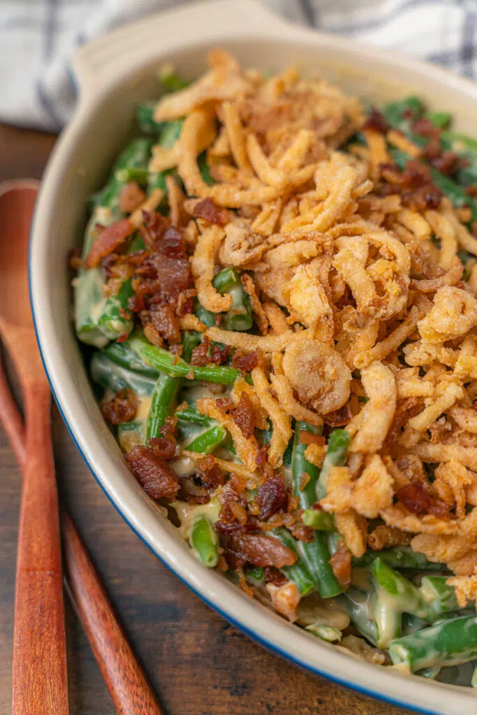 green bean casserole without mushrooms topped with crispy fried onions