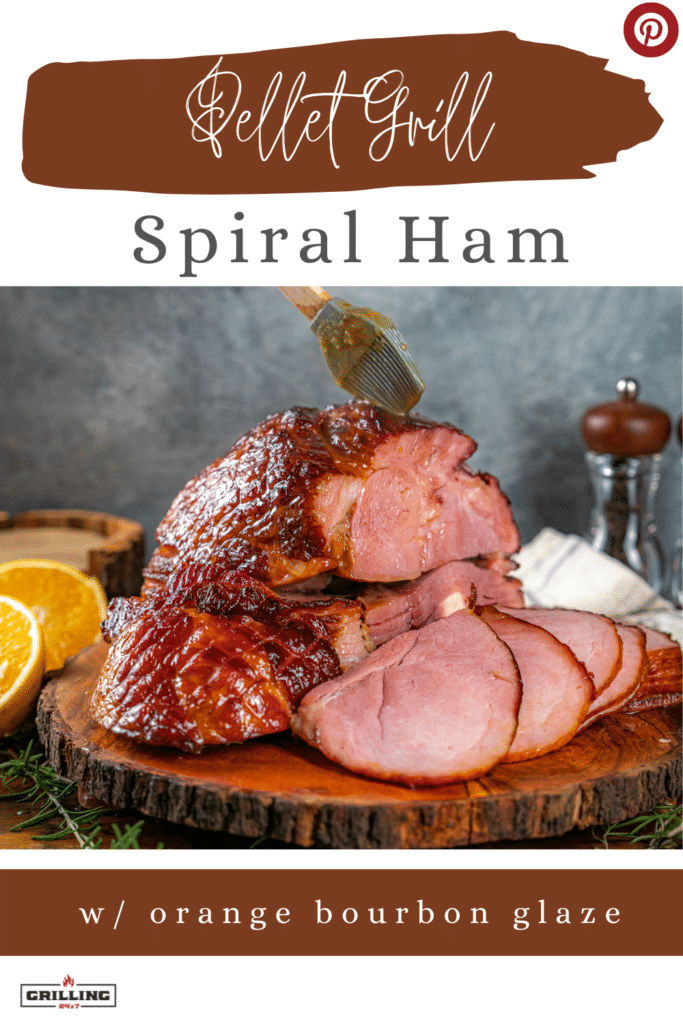 Pellet grill spiral ham sliced and basted with bourbon glaze