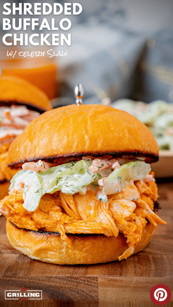 pulled buffalo chicken on a bun with celery slaw
