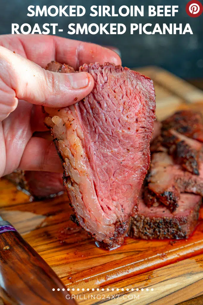 sliced medium rare sirloin cap beef roast
