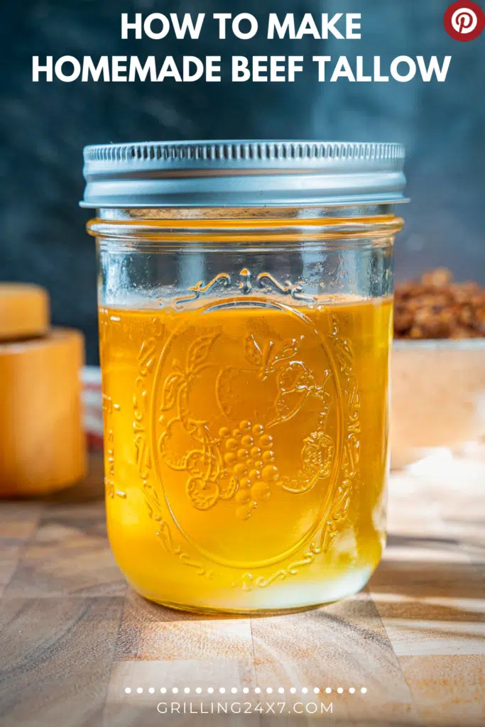 golden warm beef tallow in a mason jar