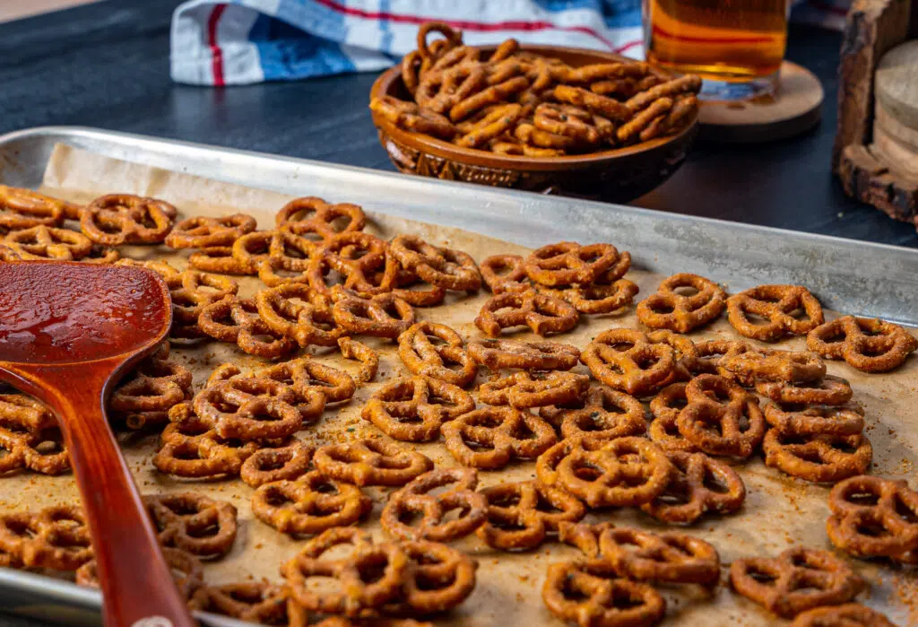 sheet tray of smoked pretzels