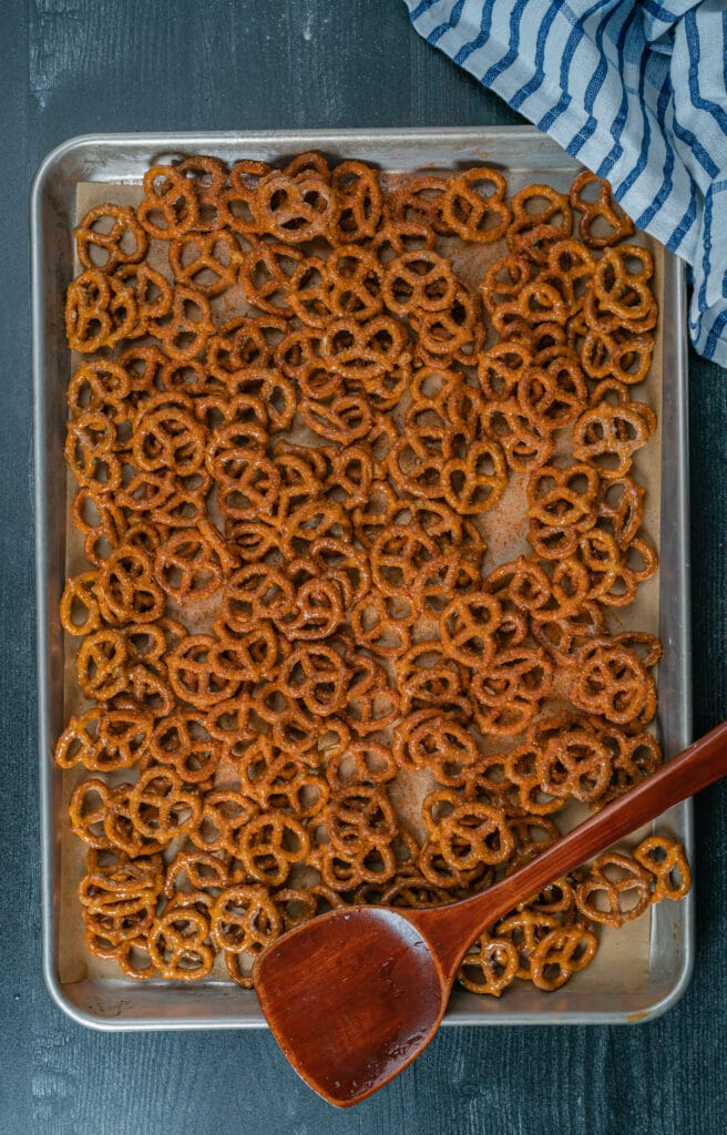 sheet pan of crispy smoked mini pretzel snacks