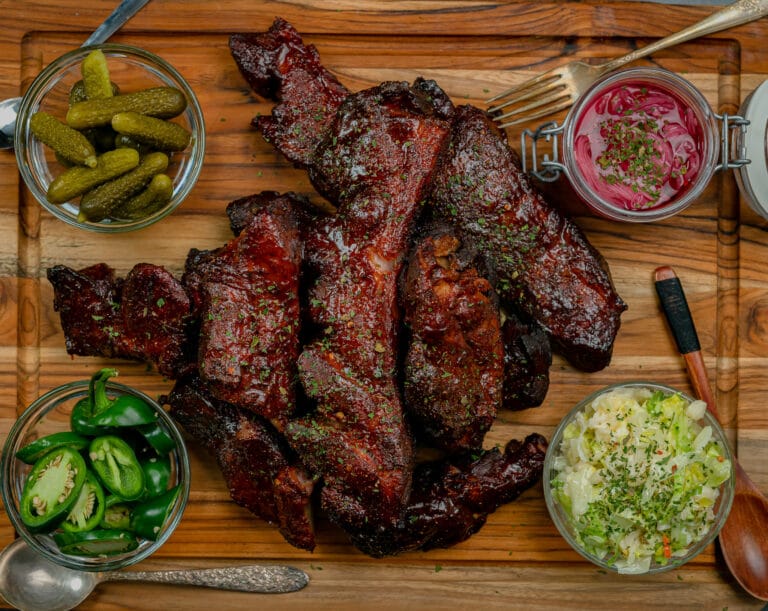 boneless country ribs that have been smoked and brushed with sticky bbq sauce