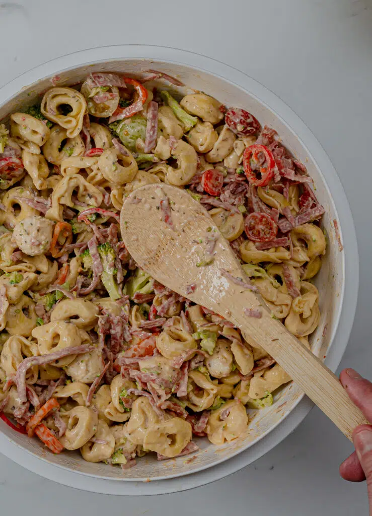 chilled pasta salad with a wooden spoon