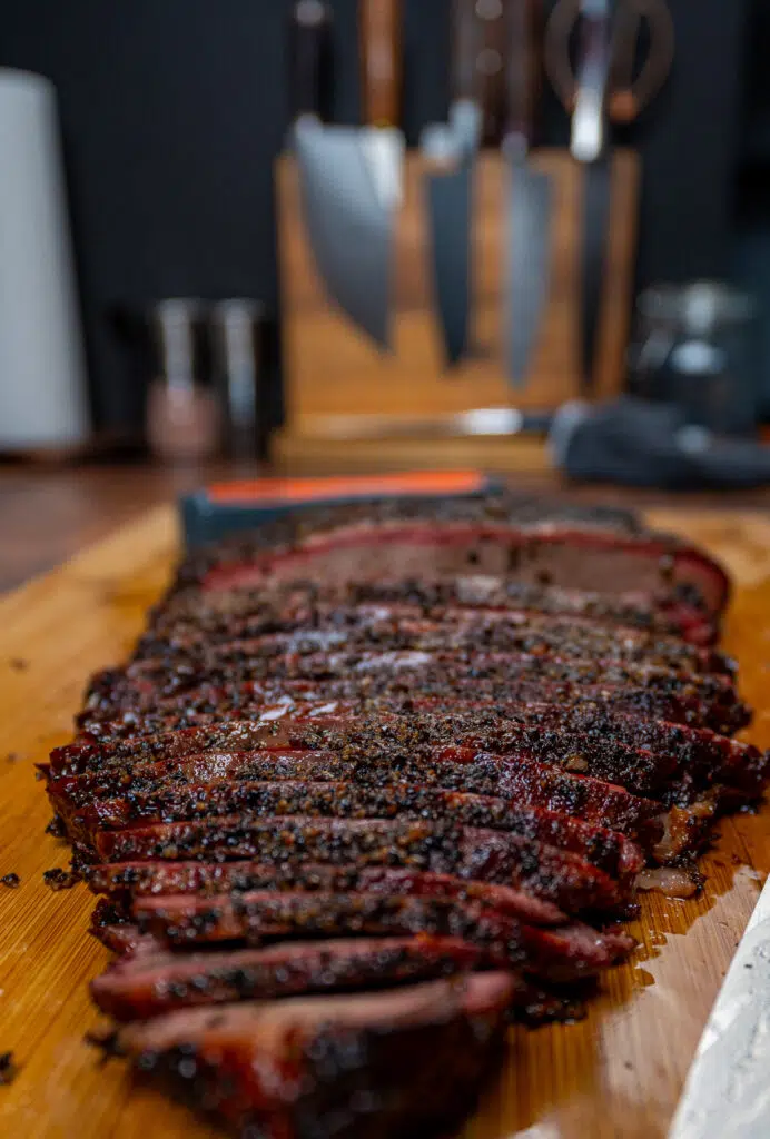 smoked brisket flat cooked on a barrel smoker