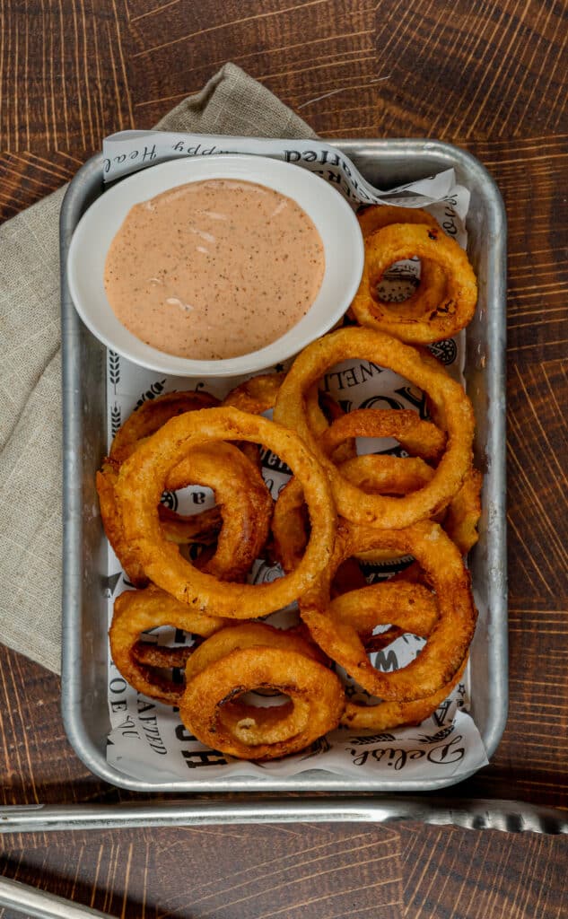 mini tray of onion rings with Burger King copycat zesty dipping sauce