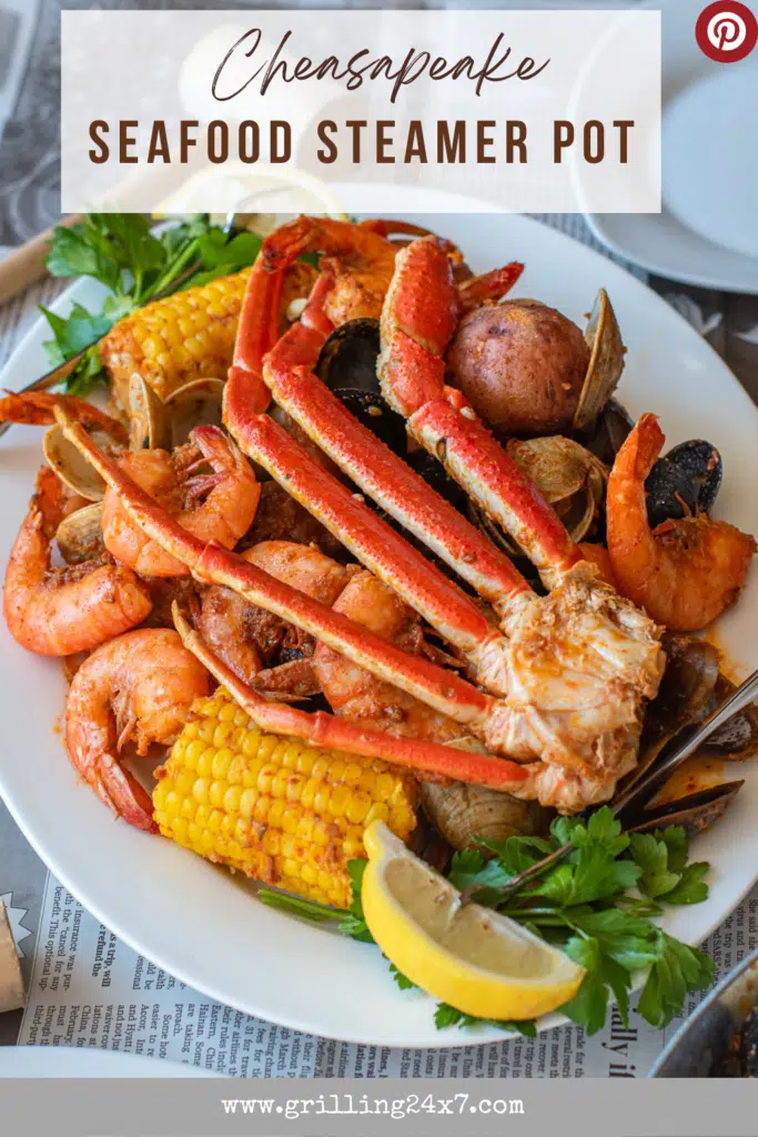 Chesapeake seafood steamer pot with snow crab shrimp clams and lobster