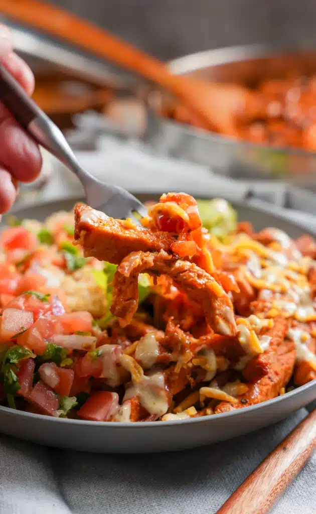 pork on a fork eating my burrito bowl