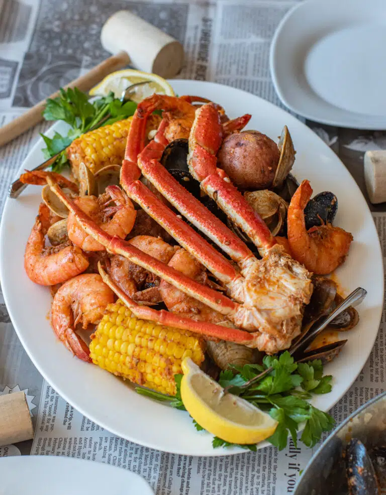 steamed snow crab clusters corn and steamed seafood
