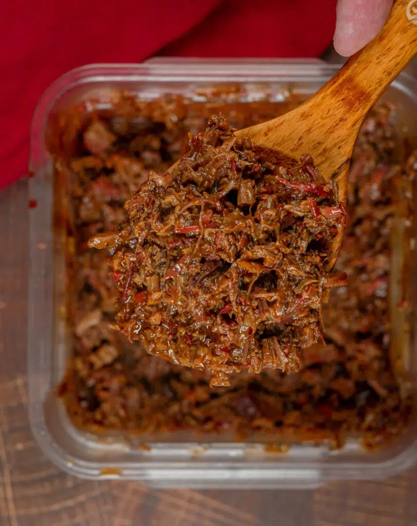 chopped beef in a plastic container to save the leftovers