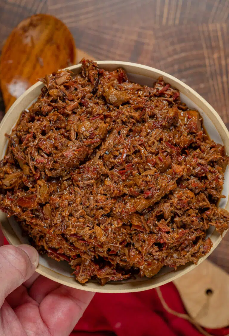 large bowl of chopped beef using leftover brisket