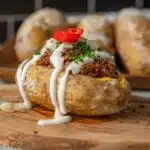 loaded brisket baked potato with cheese and ranch dressing