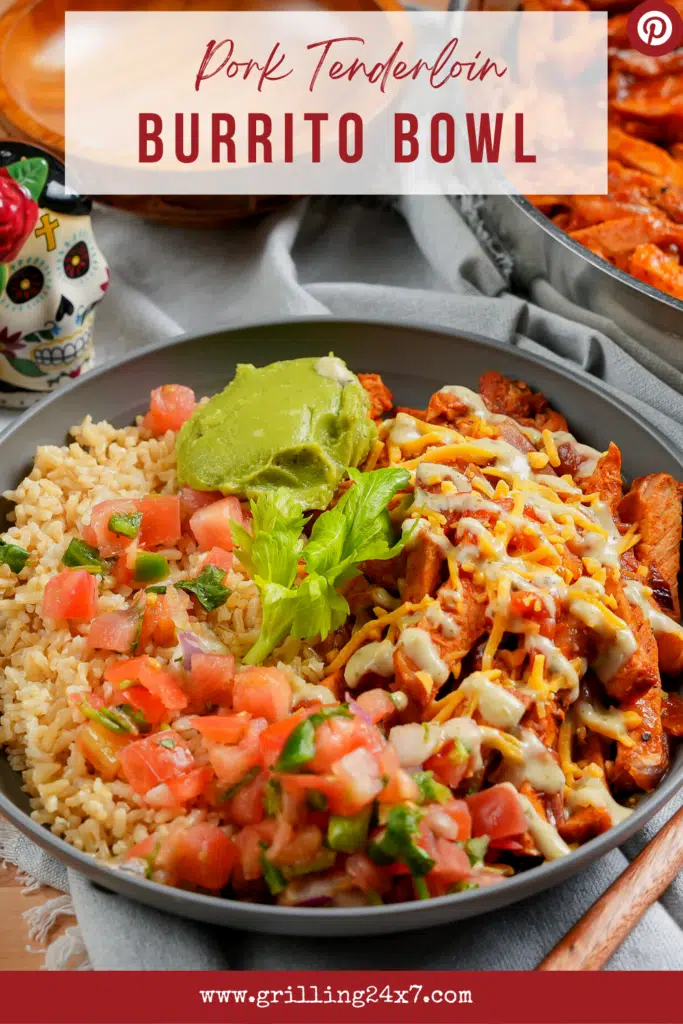 burrito bowl with rice and avocado using leftover pork tenderloin