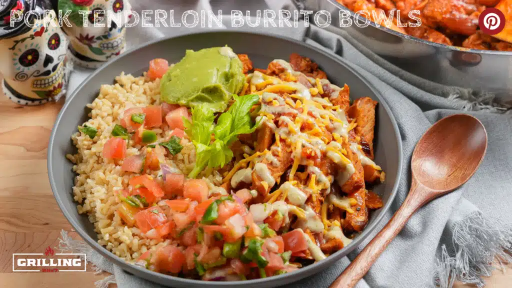 pork burrito bowl with simmered pork tenderloin in a pan 