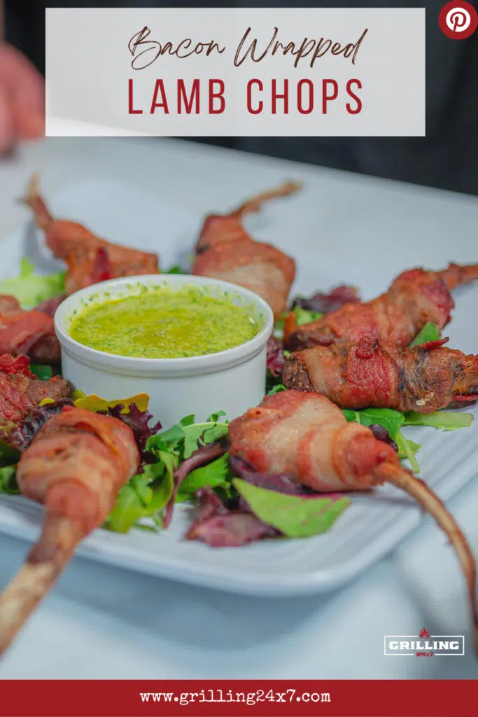 bacon wrapped lamb chops with green dipping sauce