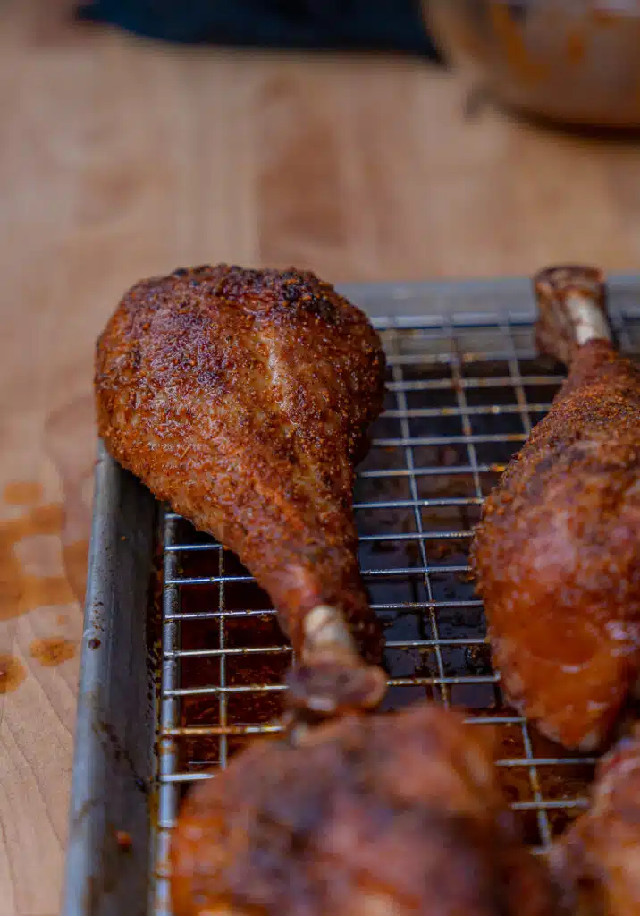 Turkey leg on a sheet pan with Nashville hot sauce