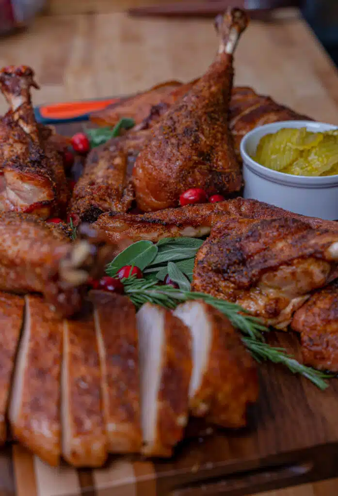 Roasted turkey with Nashville hot sauce on a platter