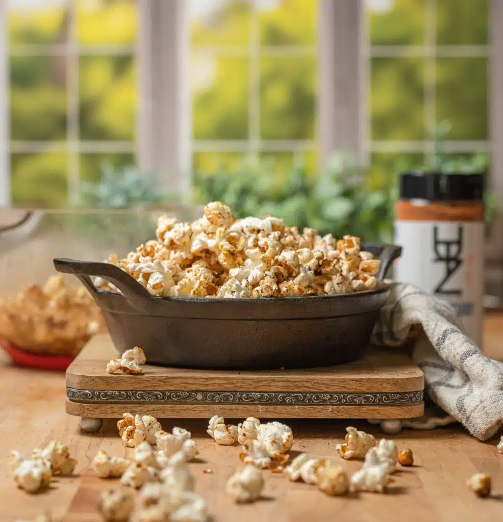 skillet of popcorn with seafood seasoning in the background