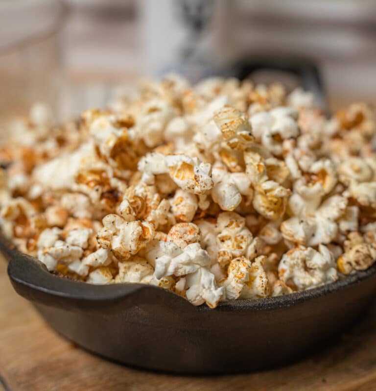 Smoked BBQ popcorn in a cast iron skillet