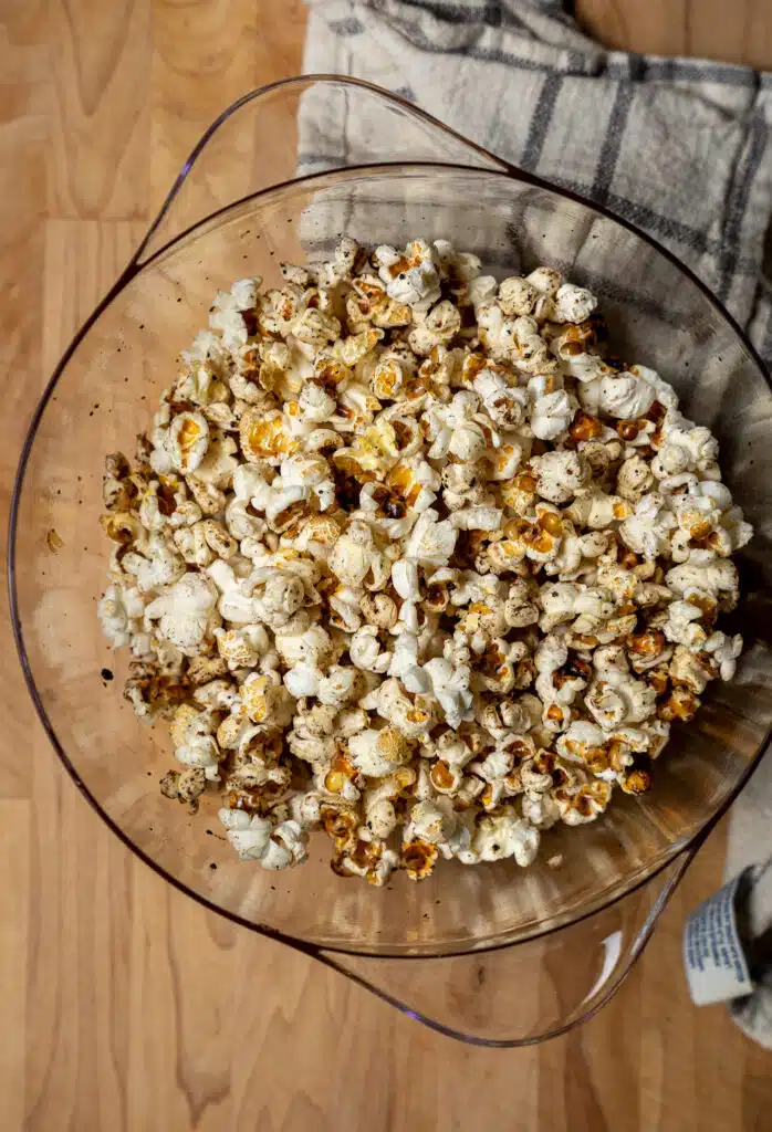 overhead bowl of popped popcorn