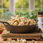 skillet of popcorn with seafood seasoning in the background