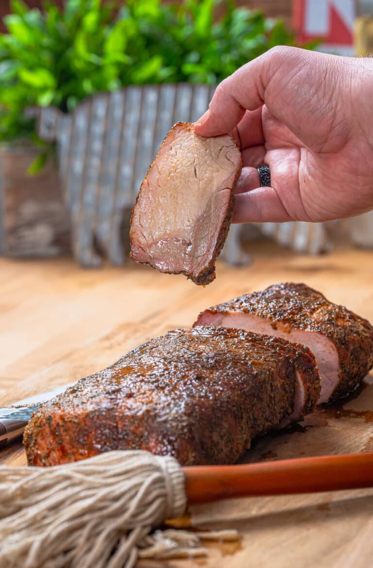 Smoked Pork loin cooked on a pellet grill then sliced