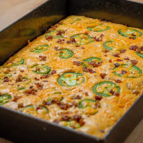 Jalapeno Cornbread with bacon in a Detroit pizza pan