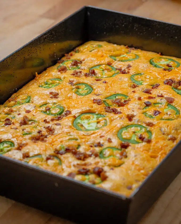 Jalapeno Cornbread with bacon in a Detroit pizza pan