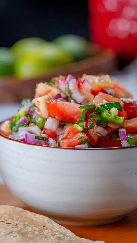 Fresh pico with red onions tomatoes and jalapeños in a white bowl with ingredients in the background