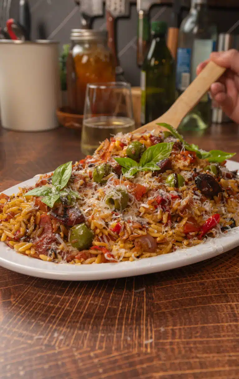 orzo pasta with Italian meats, cheese and veggies topped with basil