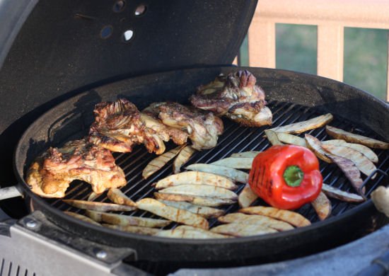 Loaded grill with french fries, grilled chicken and red pepper