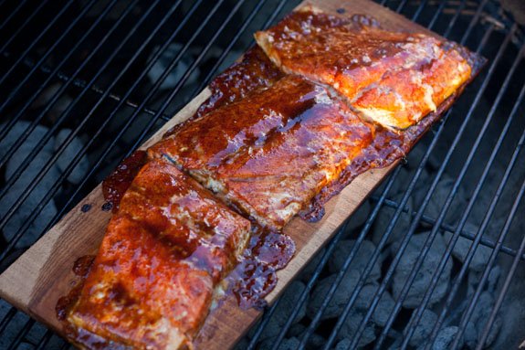 Planked Salmon with a spicy honey mustard glaze
