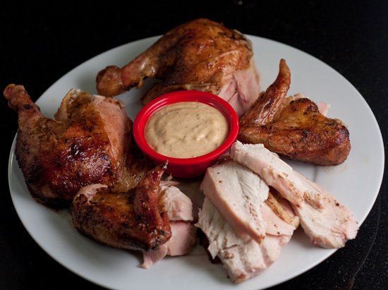 Spicy Rotisserie Chicken with a chipotle dipping sauce