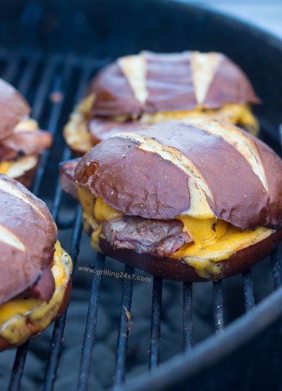 Grilled Ham Steak and Cheese on a Pretzel Roll - Grilling24x7