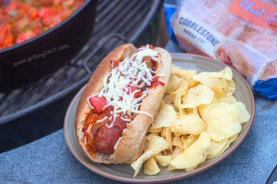 Grilled Bratwurst Subs with Marinara Sauce, Italian Peppers and Onions